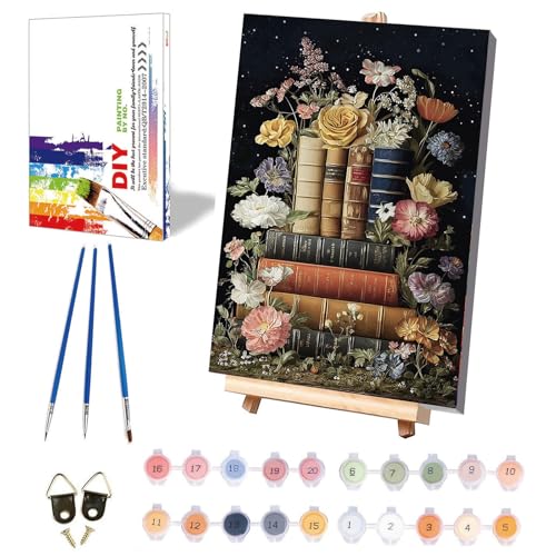 xackcme Book Paint by Numbers for Adults with Framed Canvas 8x12 inch | Flowers Paint by Number on Canvas, DIY Books Acrylic Oil Painting Kits with Brushes Wooden Easel for Home Wall Decor - color: BKH1849
