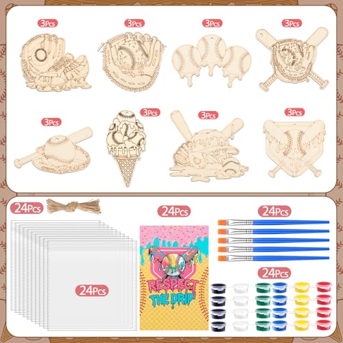 Saypacck 24 Pcs Ice Cream Drip Baseball Party Favors Wooden Paint Craft Kit | Birthday Party Supplies with Paint Brushes, Wooden Craft for Goodie Bag Fillers, Thank You Gifts with Organza Bags - style: Ice Cream Drip Baseball