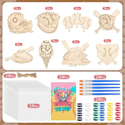 Saypacck 24 Pcs Ice Cream Drip Baseball Party Favors Wooden Paint Craft Kit | Birthday Party Supplies with Paint Brushes, Wooden Craft for Goodie Bag Fillers, Thank You Gifts with Organza Bags - style: Ice Cream Drip Baseball