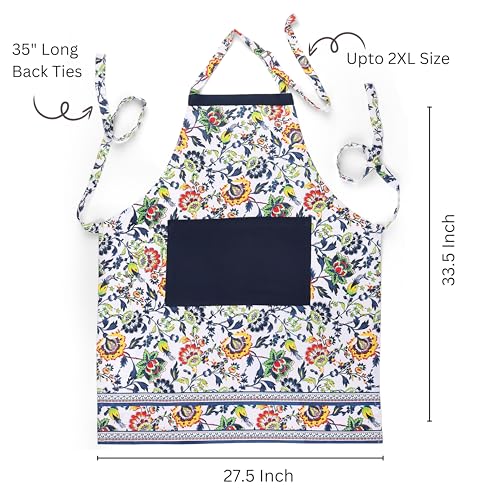 FINGERCRAFT Apron, Dual Pocket, Adjustable Tie, Multipurpose Washable Bib Apron for Home, Kitchen, Chef and Professionals - color: Blue Floral