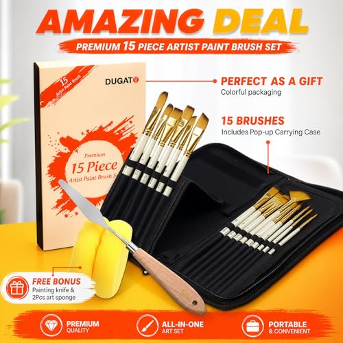 DUGATO Paint Brush Set 15pc with Pop-Up Case, Palette Knife & Sponges - color: Yellow