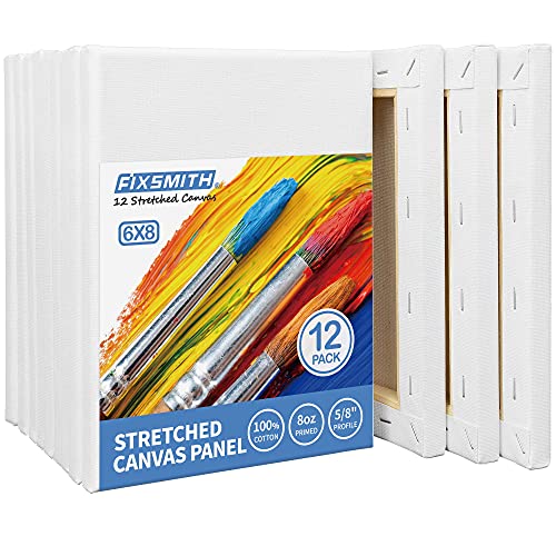 FIXSMITH Stretched Canvas- 6x8 Inch, Bulk Pack of 12, White Blank Canvases for Painting, Primed,100% Cotton,5/8 Inch Profile of Super Value Pack for Acrylics,Oils & Other Painting Media. - size: 6"x8"