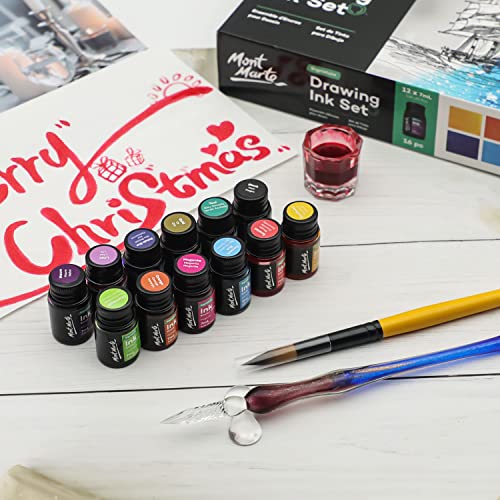 Mont Marte Drawing Ink Kit Signature 16pc, Great Art Set, Includes 12 x 7ml (0.24 US fl.oz) Ink Colours, Glass Dip Pen, Paint Brush, Pen Rest, Ink Well, for Illustration, Calligraphy, Scrapbooking