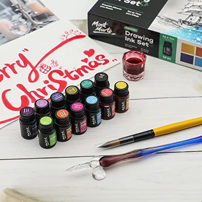 Mont Marte Drawing Ink Kit Signature 16pc, Great Art Set, Includes 12 x 7ml (0.24 US fl.oz) Ink Colours, Glass Dip Pen, Paint Brush, Pen Rest, Ink Well, for Illustration, Calligraphy, Scrapbooking