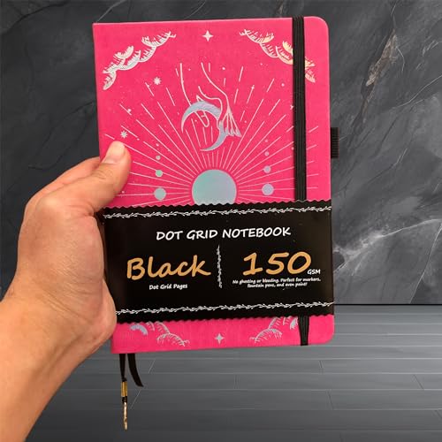 BUKE Dotted Journal - 150gsm Black Paper - 5 * 5mm DOT GRID Layout 160 Pages - A5 Size PU Leather Hardcover Drawing Sketch Notebook (Rose Red) - color: Rose Red