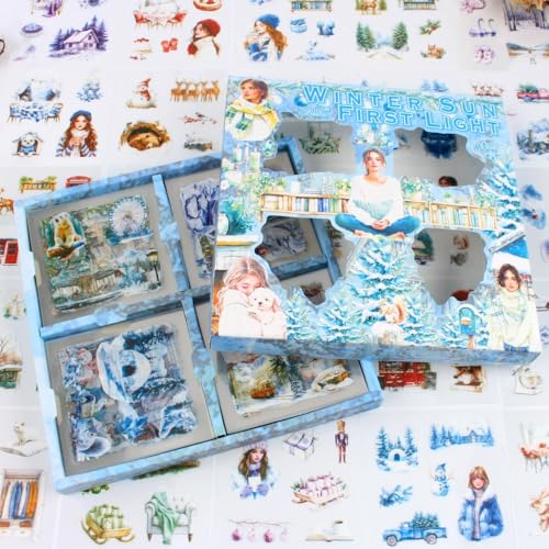 430Pcs Scrapbook Winter Landscape Stickers Set for Scrapbooking Supplies, Aesthetic Collage PET Stickers for Journaling, Junk Journal, Bujo, DIY Craft Art, Scrap Booking Supples Kit - color: Winter Sun Shines