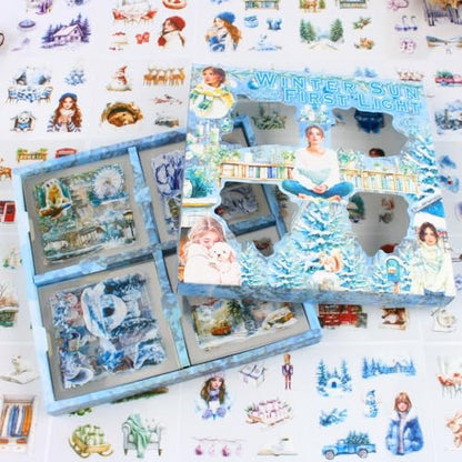 430Pcs Scrapbook Winter Landscape Stickers Set for Scrapbooking Supplies, Aesthetic Collage PET Stickers for Journaling, Junk Journal, Bujo, DIY Craft Art, Scrap Booking Supples Kit - color: Winter Sun Shines