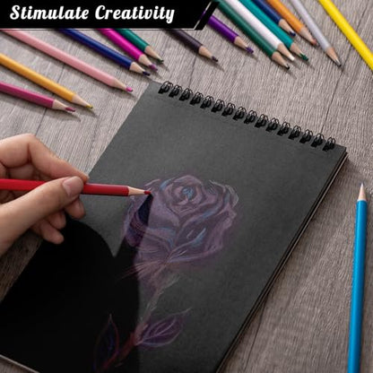 A5 Sketchbook Set with 24 Colored Pencils, 50 Sheets, Black | 160gsm Acid-Free Paper, Hardcover with Spiral Binding, Tear-Out Pages, for Sketching And Dry Media