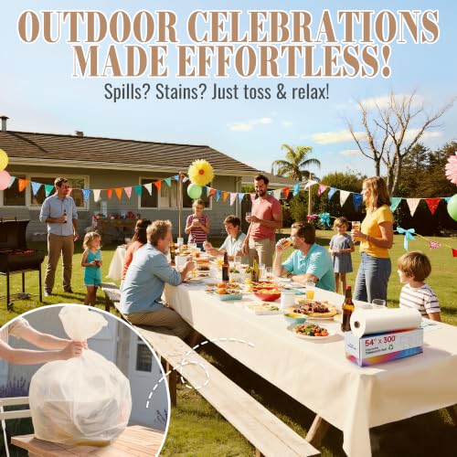 Plastic Table Cloth, 54In x 300Ft Plastic Table Cloth Disposable | Disposable Tablecloth, Slide Cutter, Rectangle Round Tables, Party Tablecloths for Birthday, Wedding, Picnic (Creamy White) - color: Creamy White, size: 54" x 3600" (Rectangular)