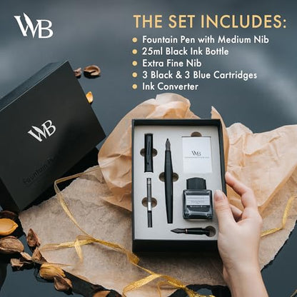 Wordsworth & Black Fountain Pen Gift Set, Medium & Extra Fine Nib,All Black | For Men & Women, Brass Body, 18K German Iridium, Ink Bottle + 6 Cartridges, Converter, Writing & Calligraphy, Journaling - color: All Black
