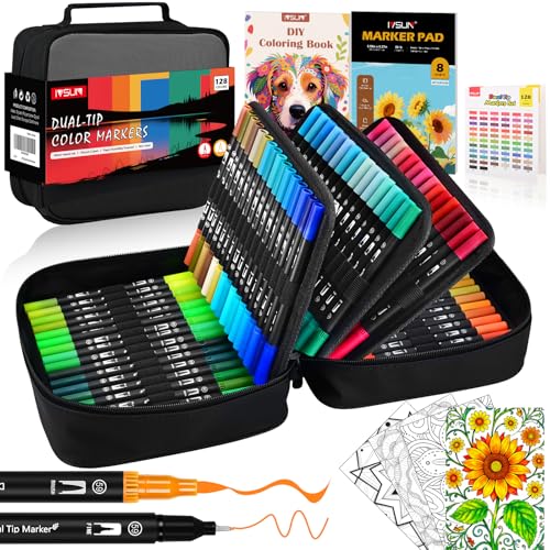 IVSUN 128 Colors Dual Tip Watercolor Markers Pens with Bag-Brush & Fine - color: 128 Colors