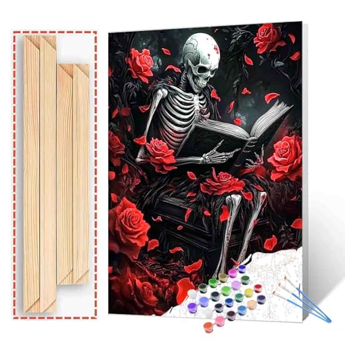 Tucocoo Creepy Skeleton Romantic Gothic Floral Paint by Number Skeleton Reading Gothic Red Rose Paint by Numbers Kits Beginner, Terrifying Horrific Holiday Room Art Gift Decor 16X20 Inch (DIY Framed) - color: Dark Raven-04, size: 16''x20''(DIY Frame)