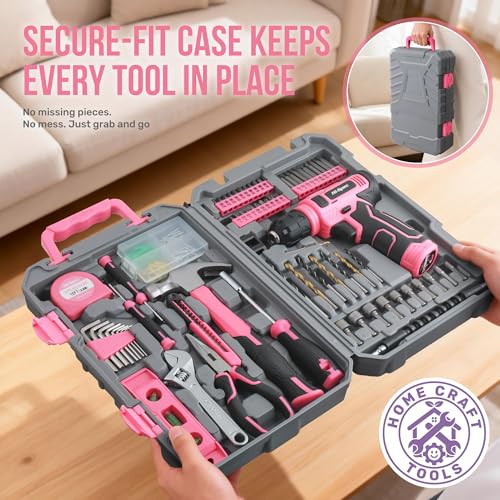 Hi-Spec Tool Set with 8V Drill Set Home DIY Repair & Maintenance, Pink - color: Pink, size: 70-Piece