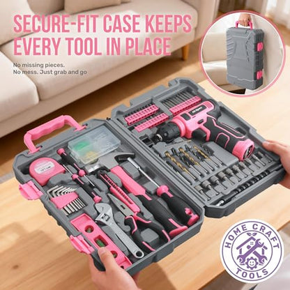 Hi-Spec Tool Set with 8V Drill Set Home DIY Repair & Maintenance, Pink - color: Pink, size: 70-Piece