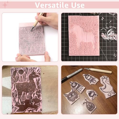 10 Pack Rubber Stamp Making Kit - Block Printing Kit，Linoleum Carving Tools with 8 Type Blades, 8 Pcs Pink Rubber Carving Block and Rubber Brayer Roller - size: 4x6inch-10pcs-kit-pink