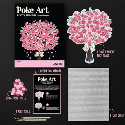 Unwynd Poke Art Cherry Blossom Flower Bouquet Kit for Adults, Women & Teens | Hobby activity, brain puzzles, adult, 12 illustration sheets, 12 pages of stickers, 12 colour pages Rubbing Plates & Supplies - style: Cherry Blossom