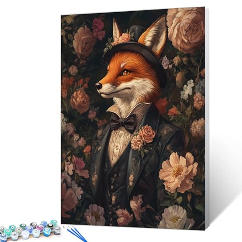 Fox Wearing Suit Paint by Number for Adults Beginner and Kids Animal Flowers Paint by Number Kit on Canvas Pictures for Home Wall Decoration Drawings Gifts 16x20 Inch (Frameless) - color: Hat Animal-02, size: 16''x20''(Frameless)