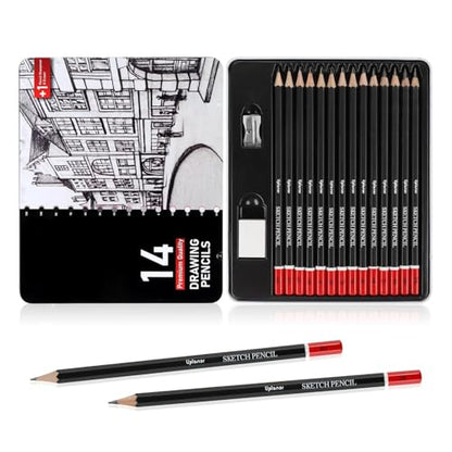Professional Sketch Pencil Set, 14 Piece Drawing Pencils (12B-6H), Graphite Charcoal Art Pencils with Eraser and Sharpener in Metal Tin Case
