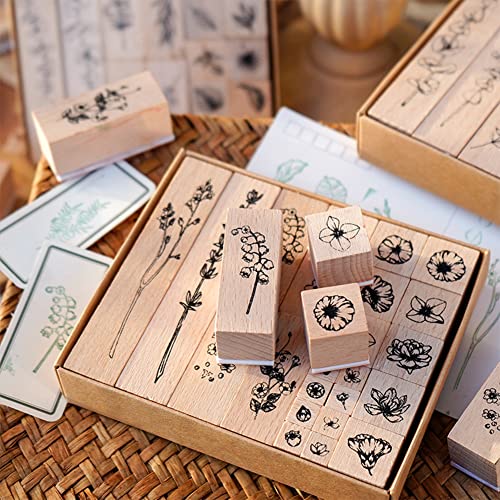 22 Pcs Plant Wooden Rubber Stamp Set for DIY Craft Projects | Crisp imprint detail, Natural wood handle, Sturdy stamping surface - color: Plant 2