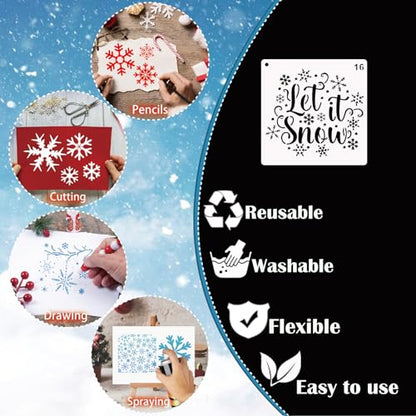 16 Pieces Christmas Snowflake Stencil Reusable Large Winter Stencils Plastic Holiday Crafts Stencils for Window Glass Wall Doormat Wood Decoration (16 Snowflakes) - style: 16 Snowflakes