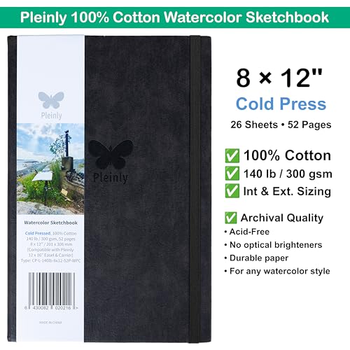 Pleinly 100% Cotton Watercolor Sketchbook Journal – Cold Press, 8x12” Large, 140lb (300gsm), 26 Sheets Portrait, Type-L Paper with Internal & External Sizing, Hard Cover, Lay Flat - size: Cold Pressed 12x8" Type L (1 pcs)