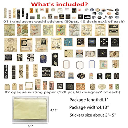 TIYPKE 200pcs Aesthetic Stickers - Vintage Scrapbook Stickers for Journaling, Bullet Journals, Scrapbooking, Space & Moon Themes