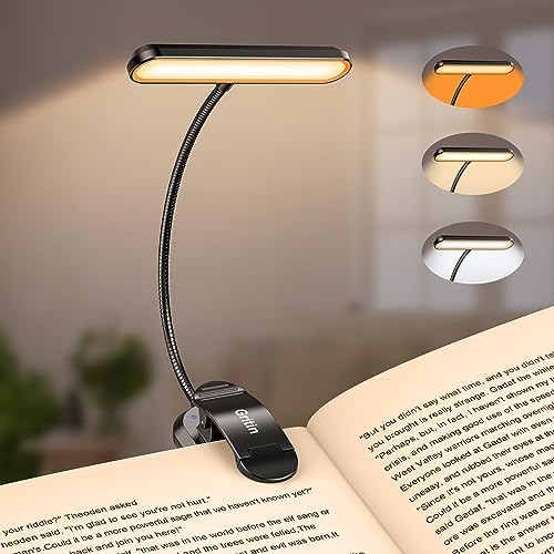 Gritin Rechargeable Book Light for Reading in Bed with 19 LED | Eye Caring 3 Color Temps,5 Brightness Levels,Memory Function,90 Hrs Runtime Flexible Goose Neck Clip on Light for Book Lovers - color: Black