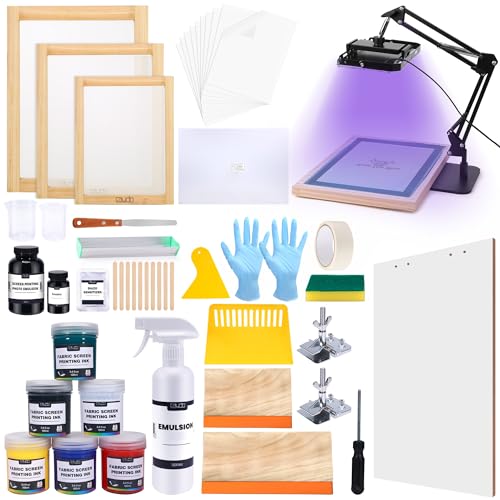 Caydo 66 PCS All-in-One Screen Printing Kit - 50W LED UV Exposure Screen Printing Light, Screen Printing Ink, Screen Printing Photo Emulsion, Instructions