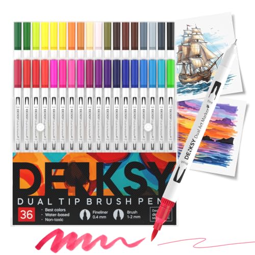 36 Watercolor Markers Set | Water Color Pens with Brush & Fineliner, Water-Based Art Markers | Dual Tip Markers for Adult Coloring, Lettering, Calligraphy, Sketching, Journaling & Illustration - color: White
