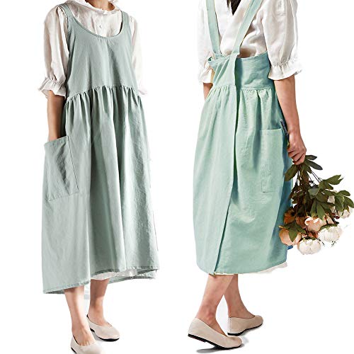 Japanese Cotton Cross Back Pinafore Apron for Women with Pockets Turquoise | NEWGEM, Criss-Cross, No Ties, Cotton Linen, Apron Dress, Farm Work Apron for Kitchen Cooking, Baking, Gardening, Painting - color: 01 - Turquoise Without Waist Ties