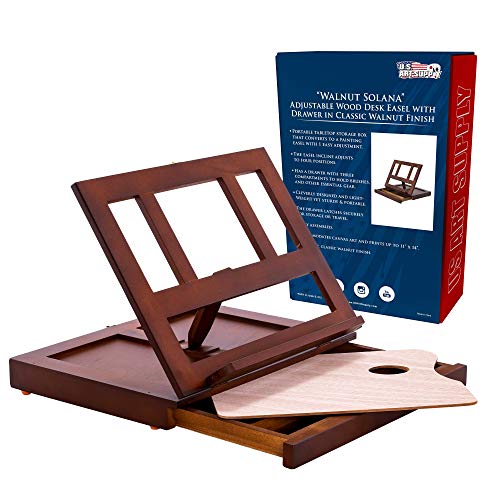 U.S. Art Supply Walnut Adjustable Wooden Art Easel: Portable Tabletop Easel with Storage 3-Drawers & Paint Palette - Beechwood Table Top Easels for Painting, Canvas, Artist Stand & Drawing Board