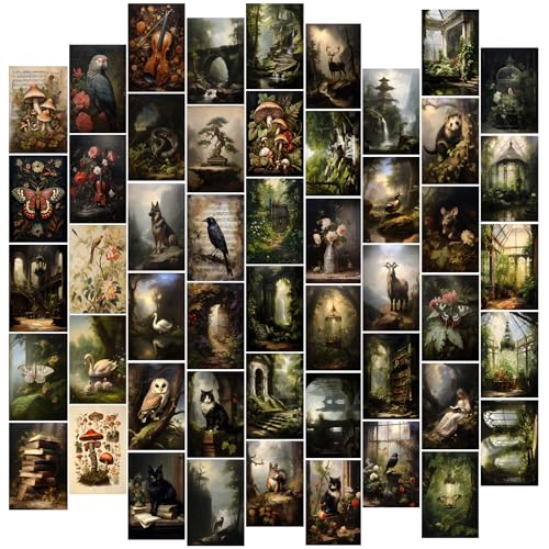 TWNSLLA Dark Cottagecore Decor,Cottagecore Wall Decor Dark Academia Aesthetic Pictures,Moody Forest Mushroom Wall Art,Grunge Wall Collage Kit,Vintage Nature Posters Animal Pictures for Bedroom Dorm,Unframed,4x6inch,50pcs - color: Dark Cottagecore-4x6in