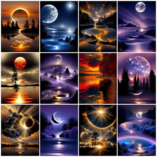 5DDIYART 12 Pack Landscape Diamond Painting Kits for Adults | Moon 5D Diamond Art for Adult Beginners,Bulk DIY Full Drill Round Gem Paintings Dot Art Sets,Home Wall Decor 9.8x13.8 Inch - color: KM481-KM492-1