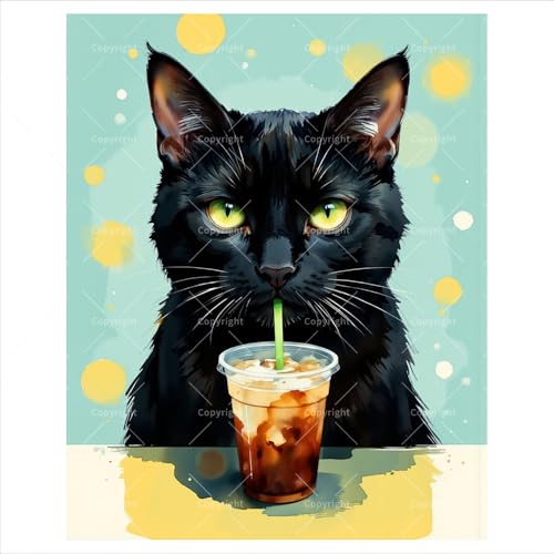 Animal Paint by Numbers Kit for Adults - DIY Black Cat Drinking Iced Coffee Painting on Canvas 16x20 inches, Frameless Acrylic Paint Set, Suitable for Beginners, Art for Home Decoration or Gifts - color: cyy301