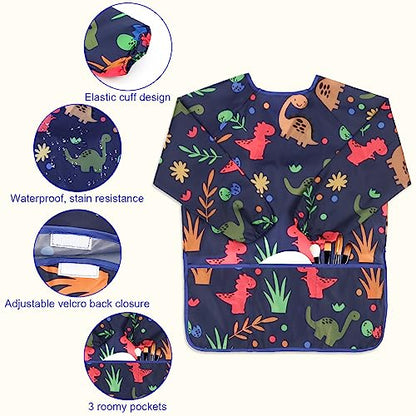 Kids Art Smocks 2 Pack Dinosaur Painting Aprons for Children Waterproof Artist Smock with Long Sleeve and 3 Pockets for Age 3-8 Years - color: Dinosaur-2