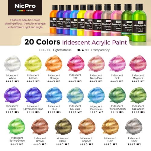 Nicpro 20 Colors Iridescent Acrylic Paint,8.45oz Large Bulk Metallic Paint | Color Shifting Craft Paint, Non-Toxic Art Painting Supplies, For Canvas Fabric Rock Wood with Paint Knife Color Wheel - color: Assorted (20 Colors), size: 8.45 Fl Oz (Pack of 20)