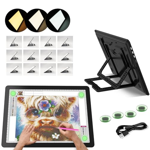 YINGWOND Rechargeable A3 LED Light Pad/Board with Foldable Stand | 3 Light Colors,Adjustable Brightness,Side Button,Portable,Wireles Tracing Light Box, for Diamond Art Weeding Vinyl Drawing - size: A3