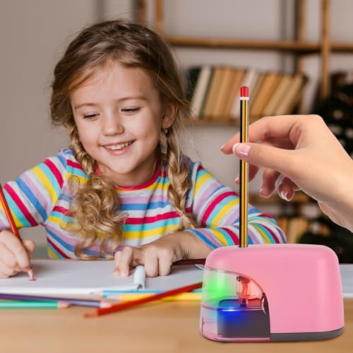 Battery-Operated Electric Pencil Sharpener with LED Light – Compact & Portable Pencil Sharpener for Home, School, or Office Use (Pink) - color: Pink