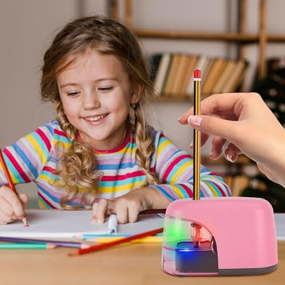 Battery-Operated Electric Pencil Sharpener with LED Light – Compact & Portable Pencil Sharpener for Home, School, or Office Use (Pink) - color: Pink