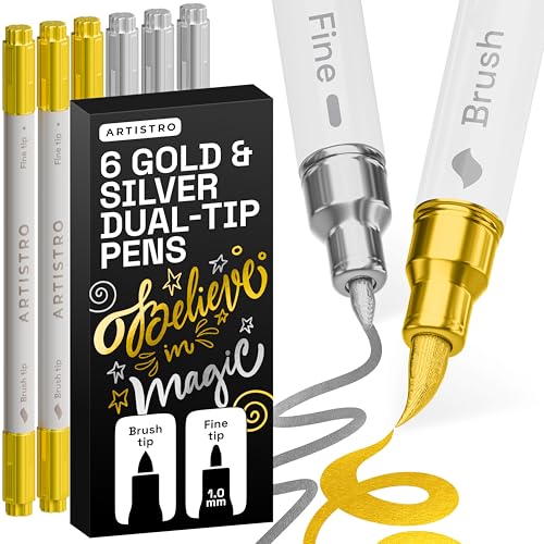 ARTISTRO Gold & Silver Acrylic Paint Pens – Dual Tip Markers – Brush & Fine Tip Paint Pens for Calligraphy, Crafts, Greeting Cards, Ornament Decor, DIY Art - color: Gold&Silver