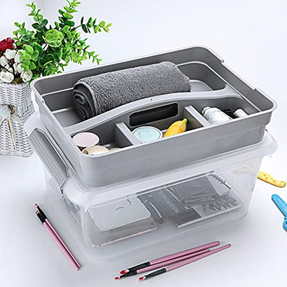 BTSKY Stack & Carry Box, Clear Plastic Storage Container Stackable Home Utility Box with Removable Tray Multi-Purpose Storage Bin for Organizing Stationery, Sewing, Art Craft Supplies(Grey) | Stackable Home Utility Box Multi-Purpose Storage Bin for Organi