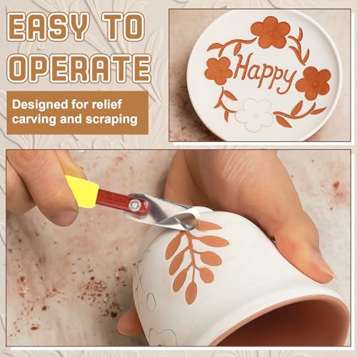 Lanties Pottery Carving Tools Set Include 5 Stainless Steel Blades & Red Pear Wood Handle, Sculpture Scraper Craft Modelling Tools for Clay, Ceramic Sculpting, Graffito, Relief Art(U-tip) - style: U-tip