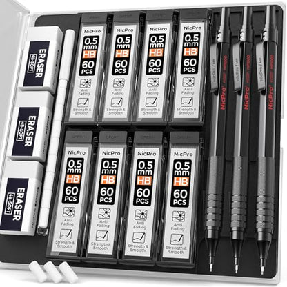 Nicpro 0.5 mm Mechanical Pencils Set with Case, Full Metal Pencil, 3 Pack | 480PCS HB Lead Refills, 3 Erasers,9 Eraser Refills For Architect Art Writing Drafting, Drawing, Engineering, Sketching, Black - color: Black, style: 0.5 MM