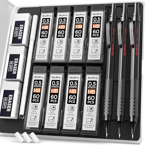 Nicpro 0.5 mm Mechanical Pencils Set with Case, Full Metal Pencil, 3 Pack | 480PCS HB Lead Refills, 3 Erasers,9 Eraser Refills For Architect Art Writing Drafting, Drawing, Engineering, Sketching, Black - color: Black, style: 0.5 MM