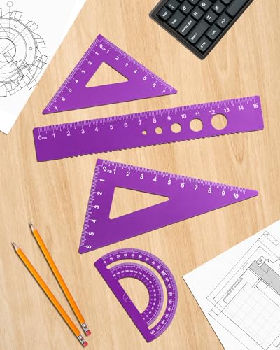 Honagu Triangular Ruler Set, 4 Pieces Aluminum Alloy Ruler, Metal Drafting Ruler, Geometric Protractor for Students, Draftsmen, Engineers, School Office Supplies (Purple) - color: Purple
