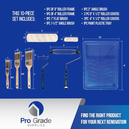 Pro Grade Paint Roller Kit, Paint Brushes, 4" & 9" Roller Covers for Walls | 10-piece set includes 2 frames & tray | Interior & exterior | Ceilings & trim | Smooth to semi-rough surfaces - size: 10 Piece Set