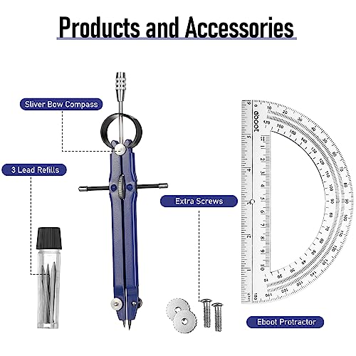 EBOOT Student Geometry Math Set, Metal Drawing Compass and 6 Inch Clear Swing Arm Protractors 180 Degree Math Protractor(Blue) - color: Blue