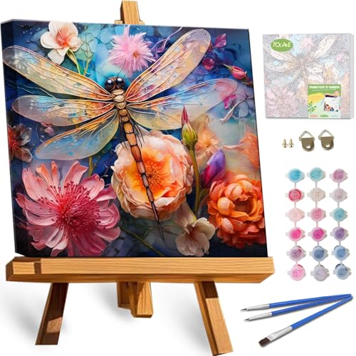 TOCARE Framed Paint by Numbers Kit for Adults Beginners,12x12inch Dragonfly Paint by Number with Frame,Flowers Paint by Numbers Framed Canvas(Without Easel) - color: TC-F-225