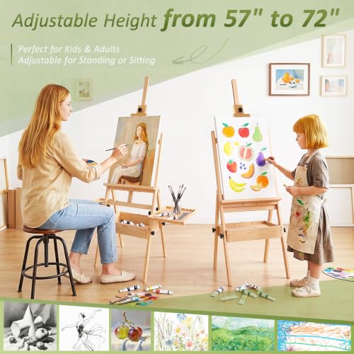 Beech Wood H-Frame Art Easel Stand, 57"-72" Height Adjustable Wooden Easel - color: Natural Wood