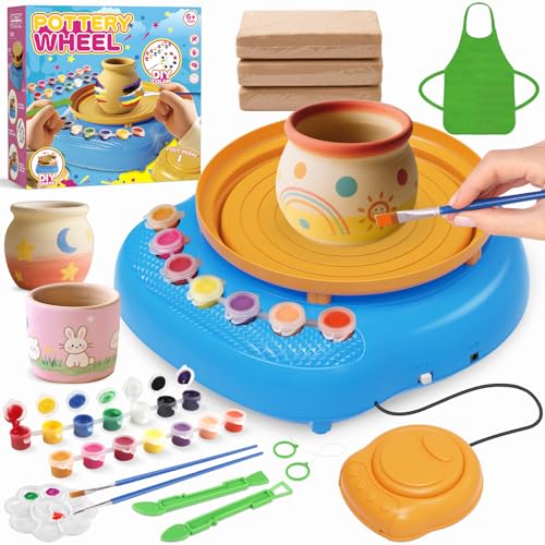 Pottery Wheel for Kids with Air Dry Clay Kit, 12 Paints & Tools, Ages 6-12 | No kiln needed: shape on the electric wheel, air-dry & paint. Gentle beginner speed; kit adds 3 clay packs, tools & apron - color: yellow/blue